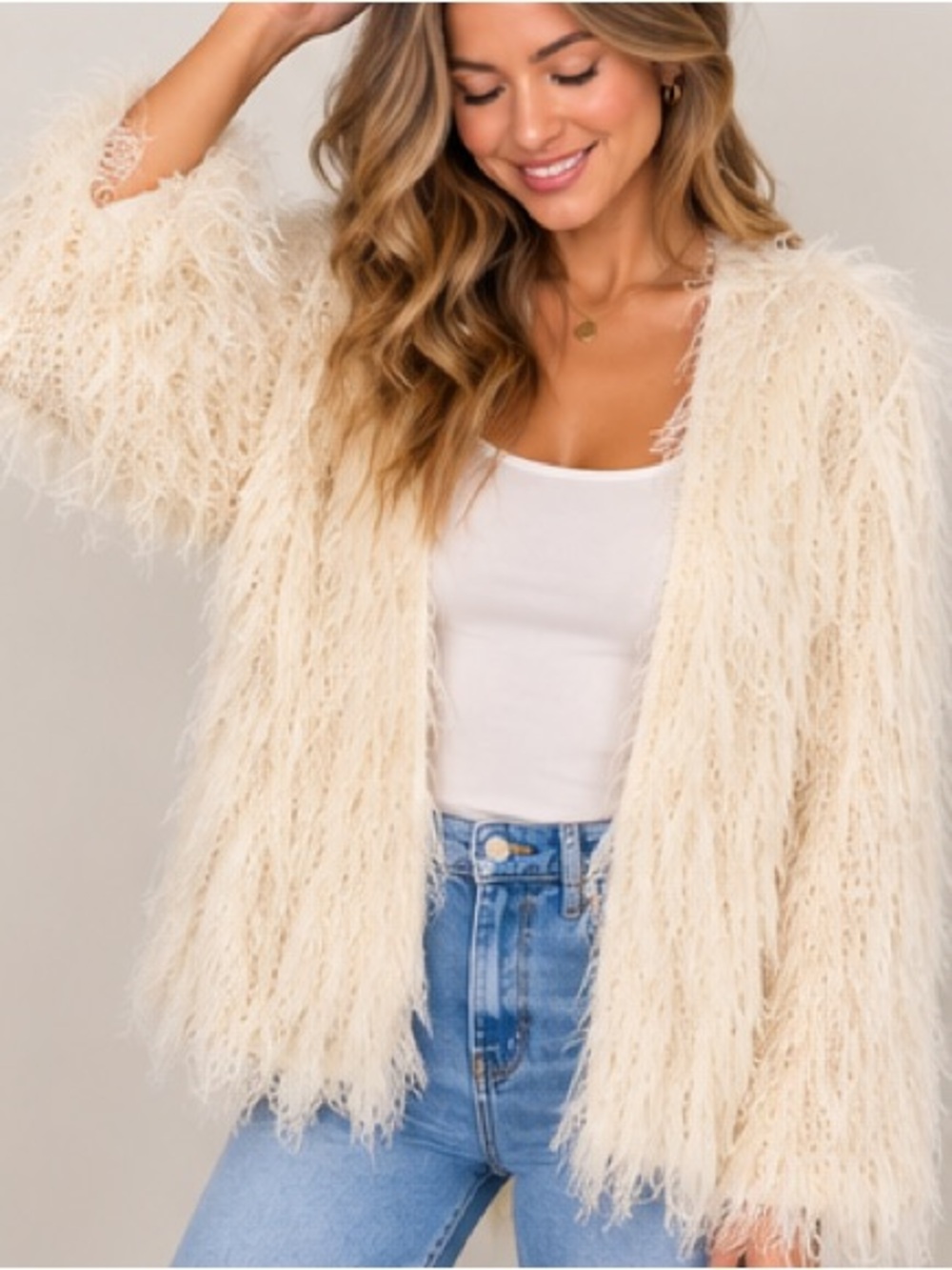 Cream Faux-Fur Open Cardigan Sweater